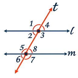 Two parallel lines l and m cut by a transversal t, with angles 1 to 8 marked at the two intersection points